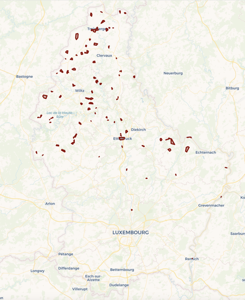 Red marks on Luxembourg map indicate locations and regions missing high-speed internet connectivity in Luxembourg 